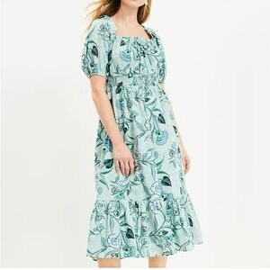 Loft Floral Smocked Midi Dress Square Neck